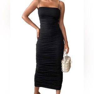 Black ruched spaghetti strap dress